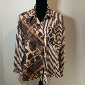 NWT Italian Made Designer Women’s Button Up Blouse 2X Animal Print Camo Stripes